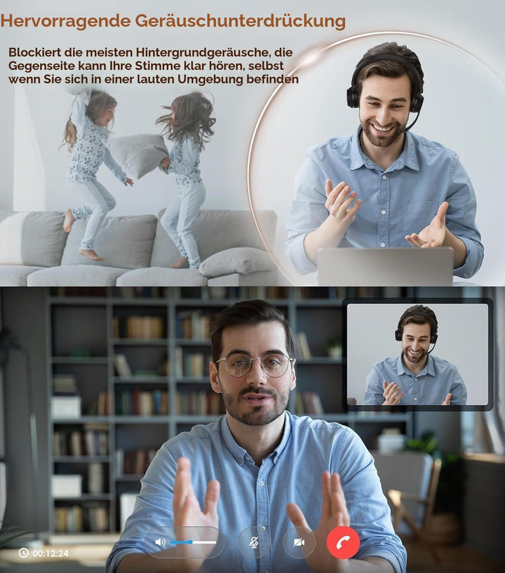 Soothielec Bluetooth Headset, Kabelloses Headset mit Mikrofon mit Geräuschunterdrückung, bestes Head