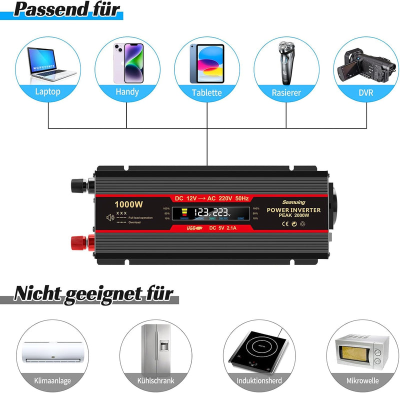 Seamuing 2000W Wechselrichter DC 12V auf AC 240V Spannungswandler 1 AC Steckdose & 2 USB Port Stromw