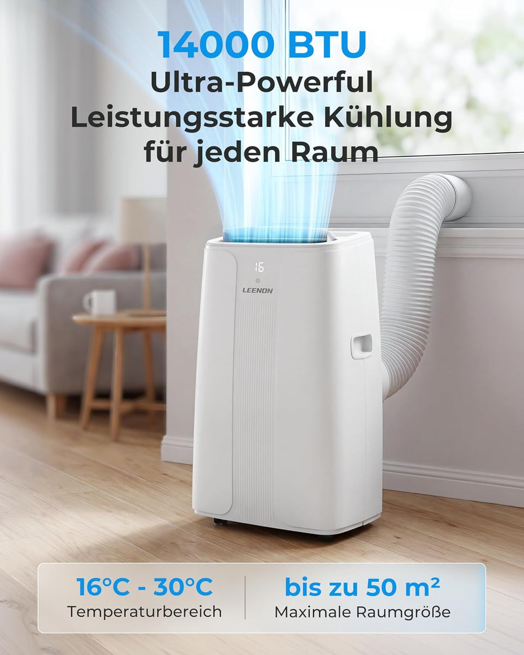 LEENON 14000 BTU Klimaanlage Mobil Klimagerät, 4 in 1 Kühlen Entfeuchten Lüftermodus Schlafmodus, Mo