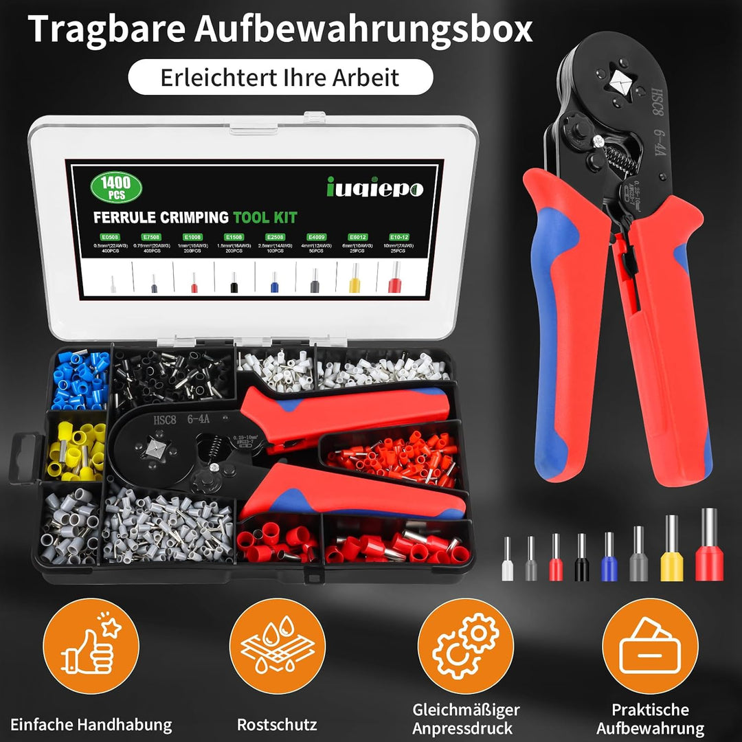 Aderendhülsen Set mit 1400 Stück, Crimpzange Set, für 0,25-10 mm² Aderendhülsen, Aderendhülsenzange