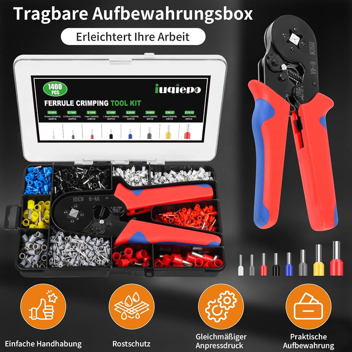 Aderendhülsen Set mit 1400 Stück, Crimpzange Set, für 0,25-10 mm² Aderendhülsen, Aderendhülsenzange