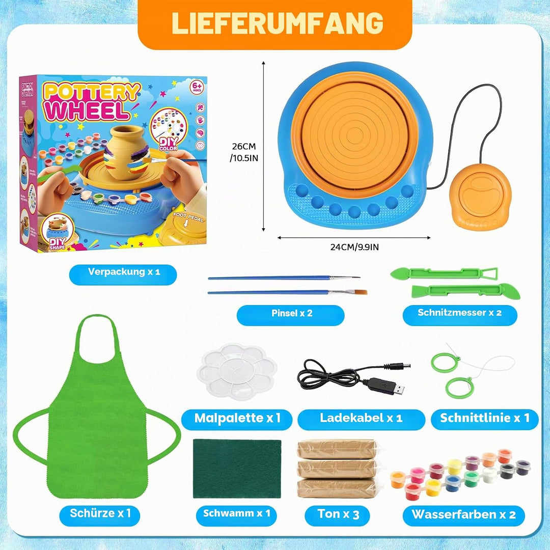 Töpferscheibe Kinder elektrisch,Töpferset 6-12 Jahre mit Ton | Komplettes DIY-Bastelset mit 3x luftt