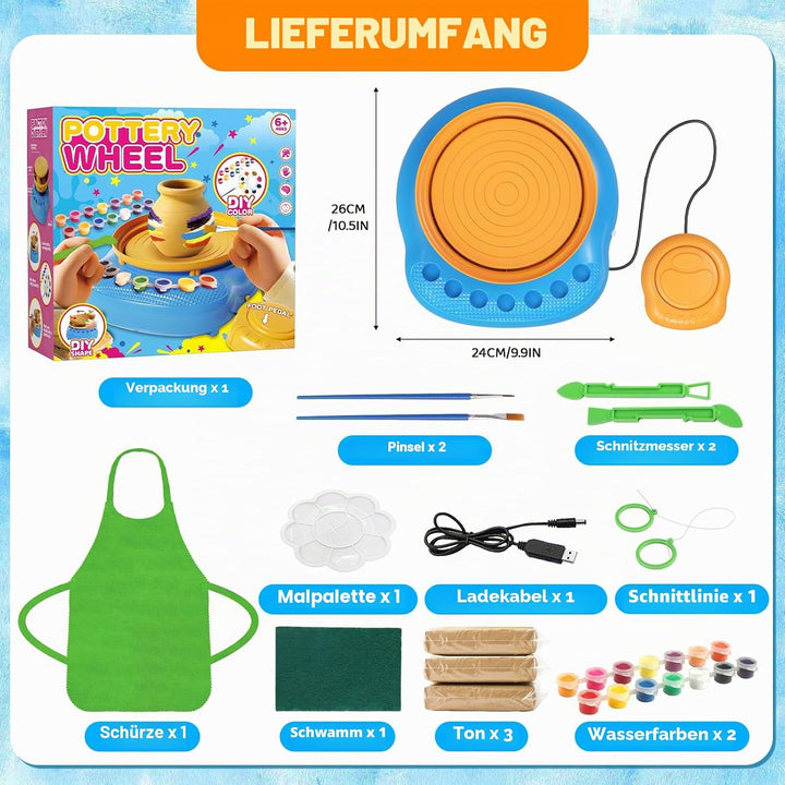 Töpferscheibe Kinder elektrisch,Töpferset 6-12 Jahre mit Ton | Komplettes DIY-Bastelset mit 3x luftt
