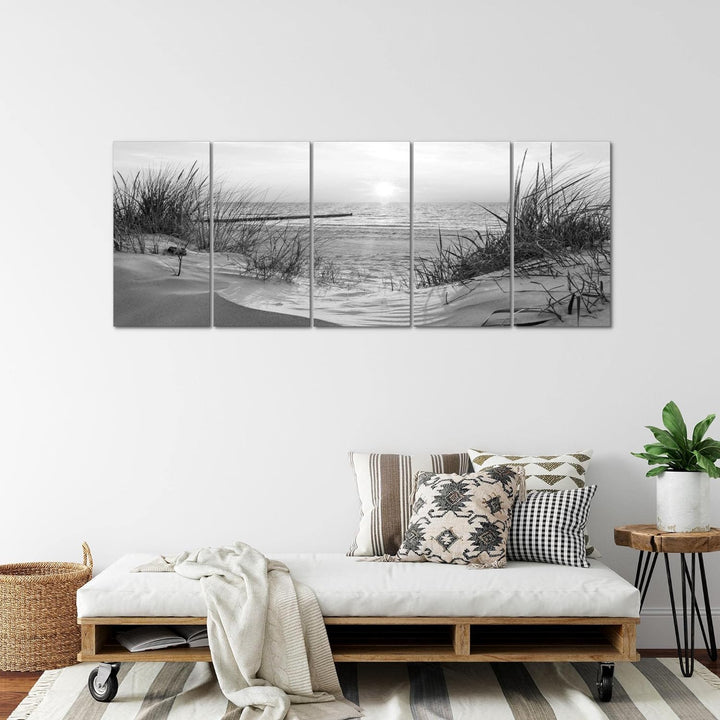 Runa Art Wandbild XXL Strand Sonnenuntergang Schlafzimmer Wohnzimmer 200 x 80 cm Schwarz Weiss 5 Tei
