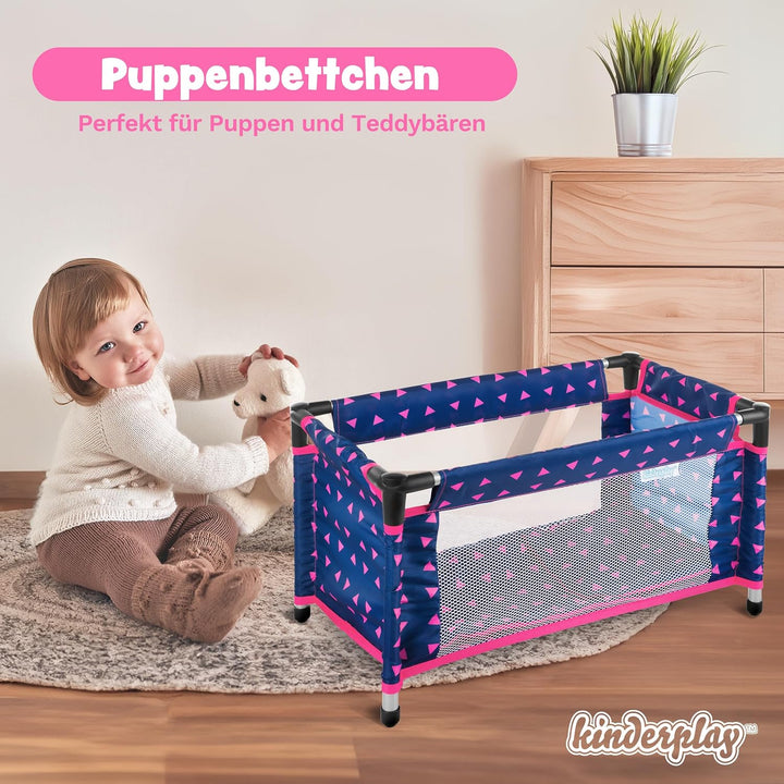 Kinderplay Puppenbett | Puppen Bett Spielzeug - Puppenreisebett für Baby Born | Baby Annabell Puppen