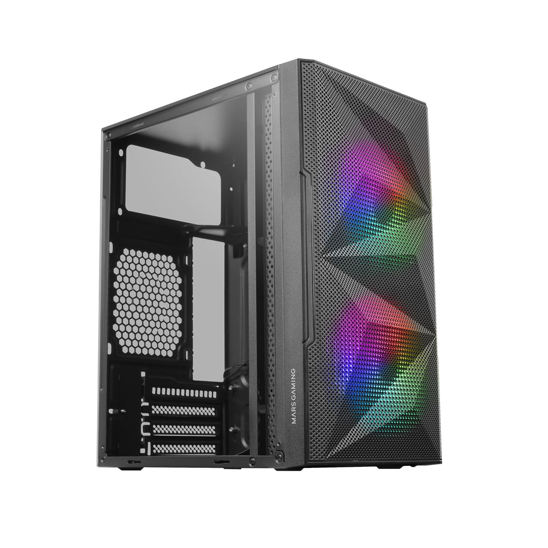 Mars Gaming MC-ME Schwarz, Kompaktes MicroATX-Gaming-Gehäuse, Seitenfenster aus Gehärtetem Glas, Geo