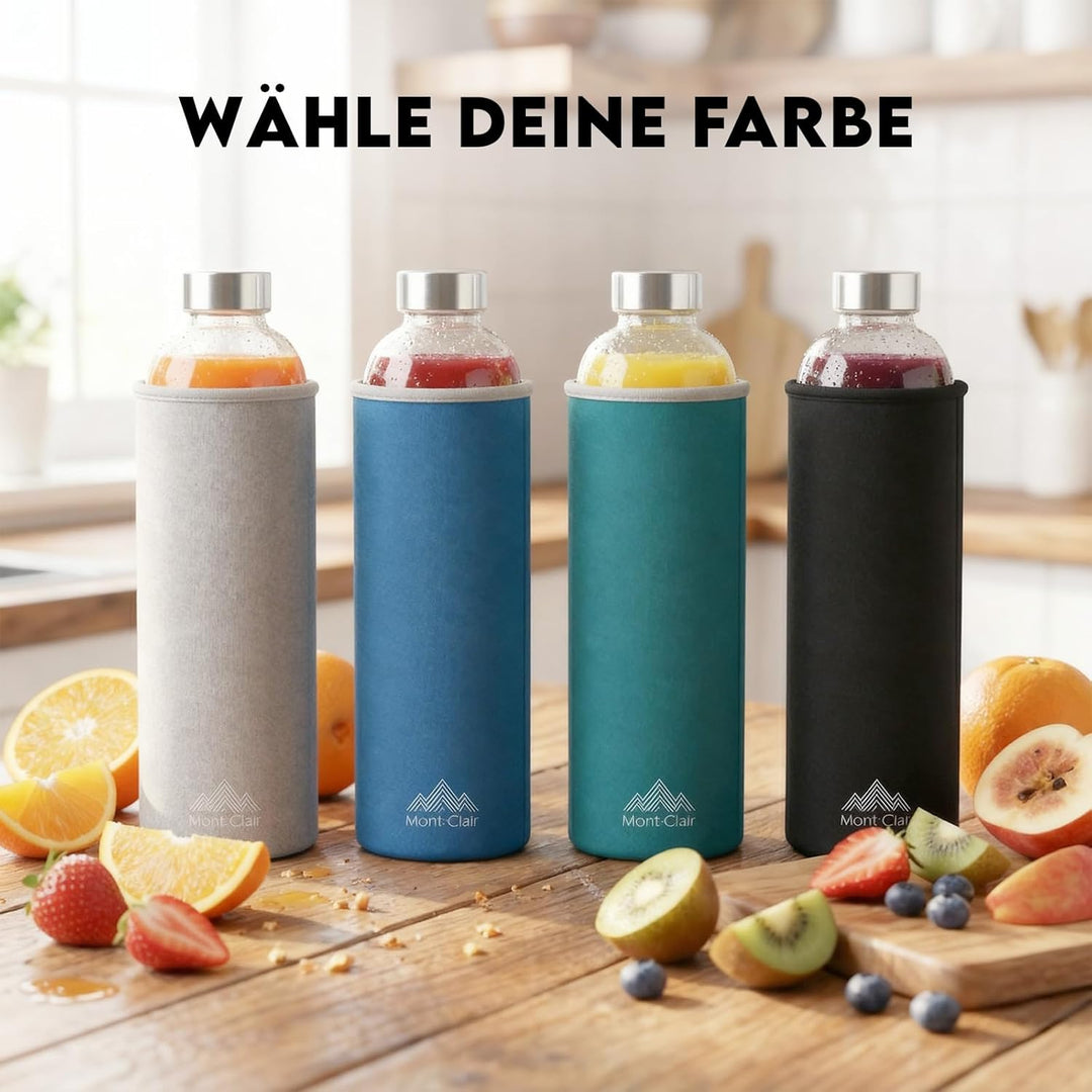 Mont-Clair Kristal Borosilikatglas Trinkflasche 1L - Wasserflasche Glas mit Neoprenhülle - Auslaufsi