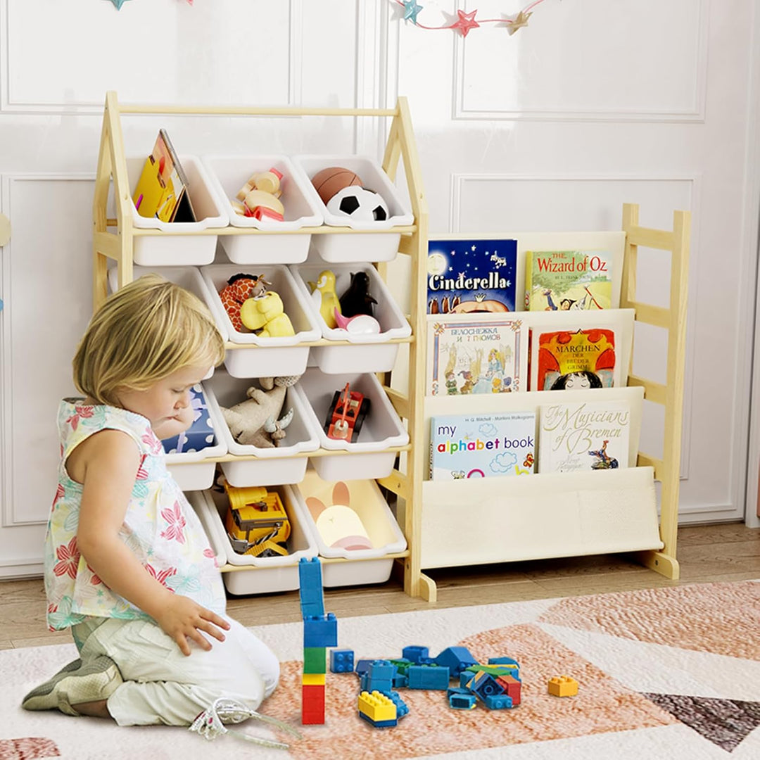 Bücherregal Kinder Spielzeug Aufbewahrung Regal Holz, mit 12 Boxen Spielzeug Regal Kinderzimmer, Mon