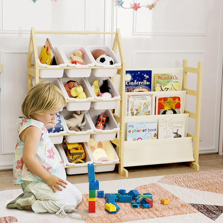 Bücherregal Kinder Spielzeug Aufbewahrung Regal Holz, mit 12 Boxen Spielzeug Regal Kinderzimmer, Mon