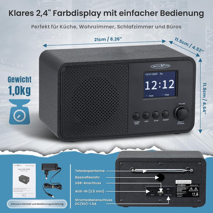 Reflexion DAB+ Radio mit Bluetooth, Wecker & Farbdisplay | Digitalradio mit USB, AUX-IN, Teleskopant