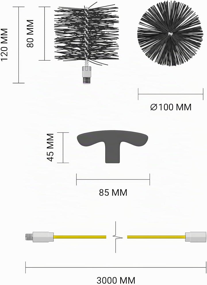 HANSA Reinigungsset für Pellet- und Kaminöfen, 3 Meter Länge, mit Bürste