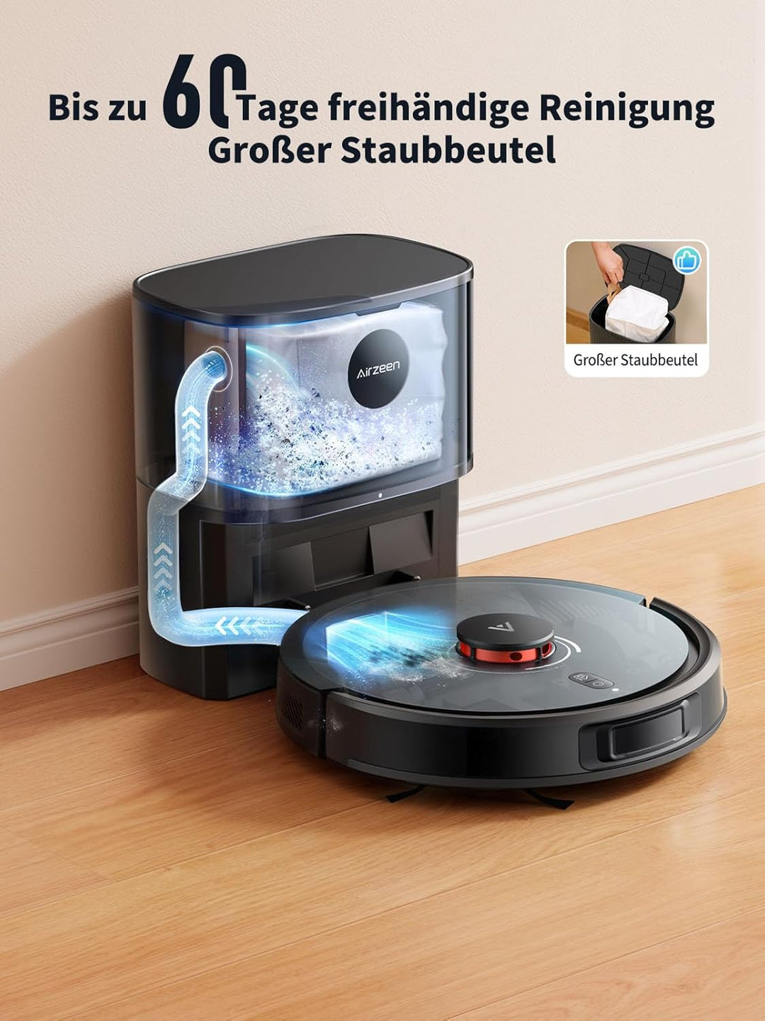 Airzeen Saugroboter mit Wischfunktion, Staubsauger Roboter mit Absaugstation, 6000Pa Saugkraft Saug