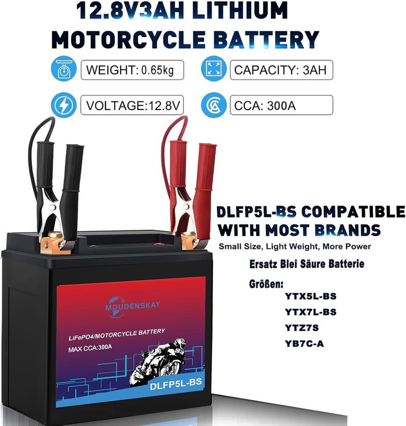 MOUDENSKAY Lithium Motorrad Batterie 12V Lithium Powersports Batterie mit BMS,LiFePO4 Motorstart Bat