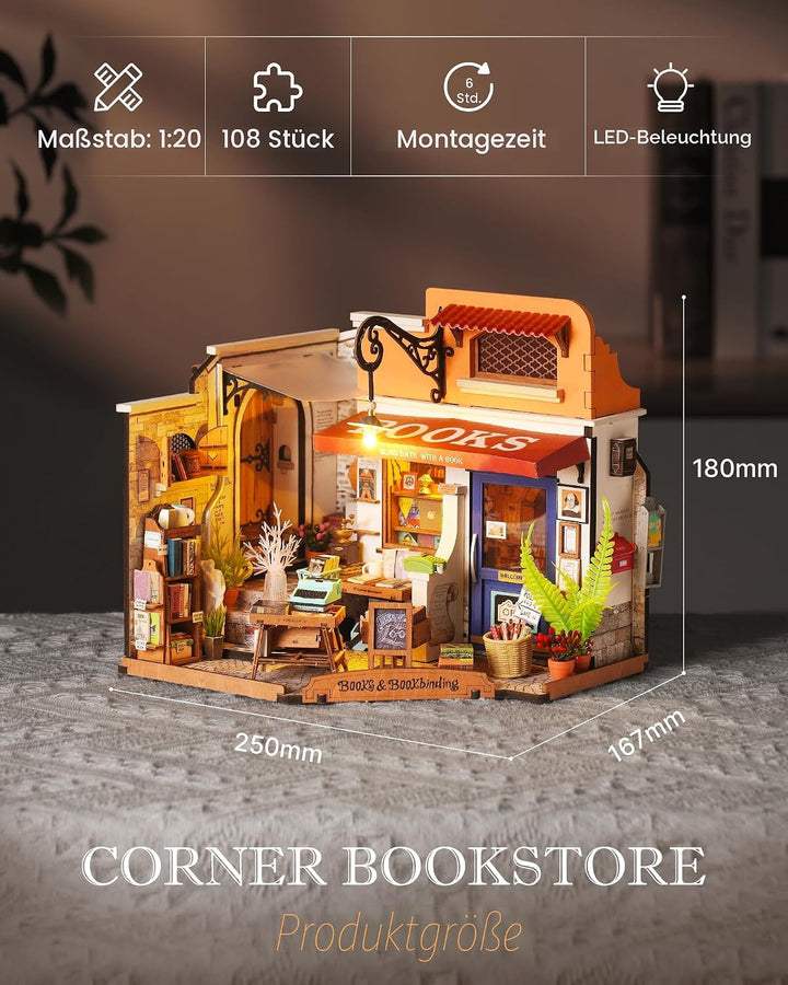 Rolife Puppenhaus Ecke Buchhandlung DIY Miniaturhaus Bausatz Puppenhaus Holzmodellbausatz mit Möbeln