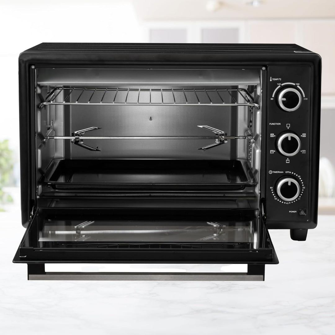 ICQN 50L Minibackofen mit Umluft, 1800 W, Innenbeleuchtung, 5 Kochfunktionen, 60 Min Timer, inkl. Ba