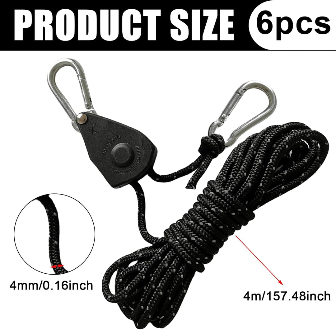 6 Stück 1/8 Zoll 4mm Seil Ratchet Hanger 4M, Einstellbare Seilhaken Seilratsche Seilaufhänger Reflek