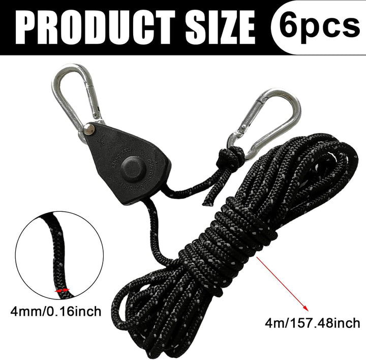 6 Stück 1/8 Zoll 4mm Seil Ratchet Hanger 4M, Einstellbare Seilhaken Seilratsche Seilaufhänger Reflek