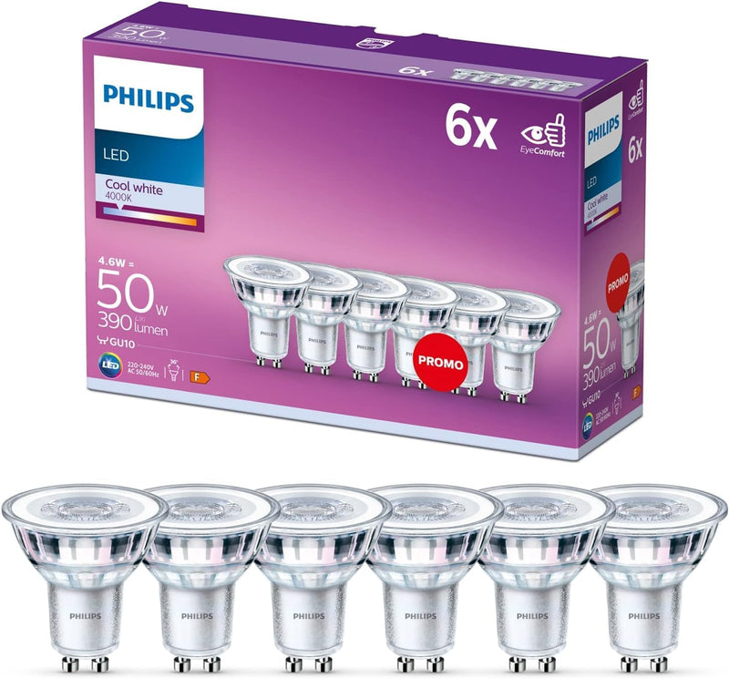 Philips LED Classic GU10 Lampen 6-er Pack (50 W), Reflektor LED Spots mit kaltweissem Licht, energie