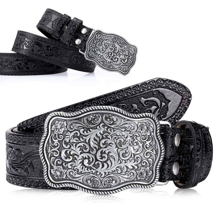 Xuniea Herren-Cowboy-Western-Lederschnalle, graviert, florale Schnalle, Vintage, geprägt, 3,8 cm bre
