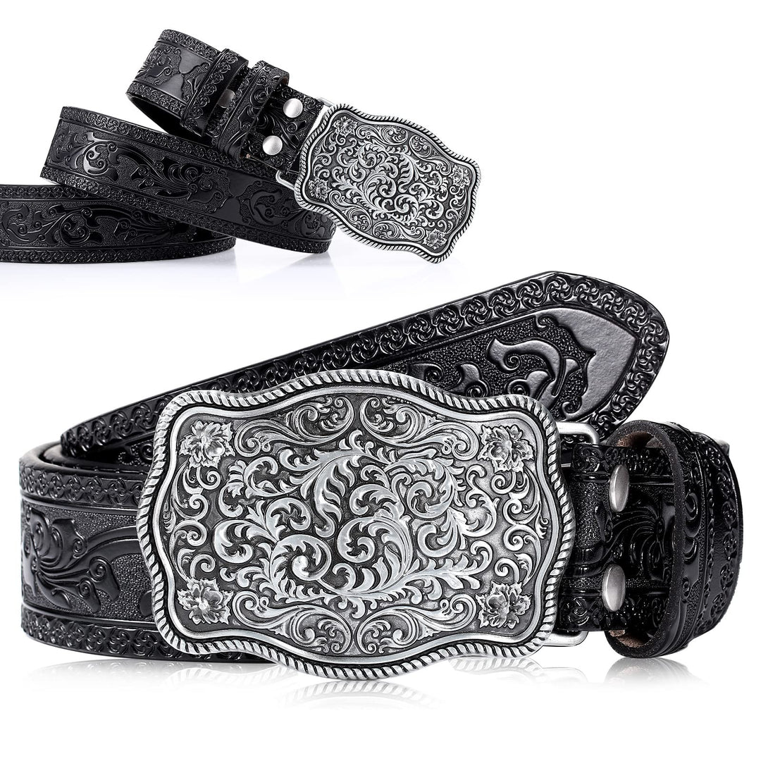 Xuniea Herren-Cowboy-Western-Lederschnalle, graviert, florale Schnalle, Vintage, geprägt, 3,8 cm bre