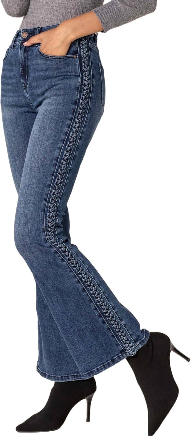 Nina Carter Q1897 Damen Bootcut Jeans im Retro-Stil HIGH Waist Stretchjeans Jeanshosen Used-Look Sch