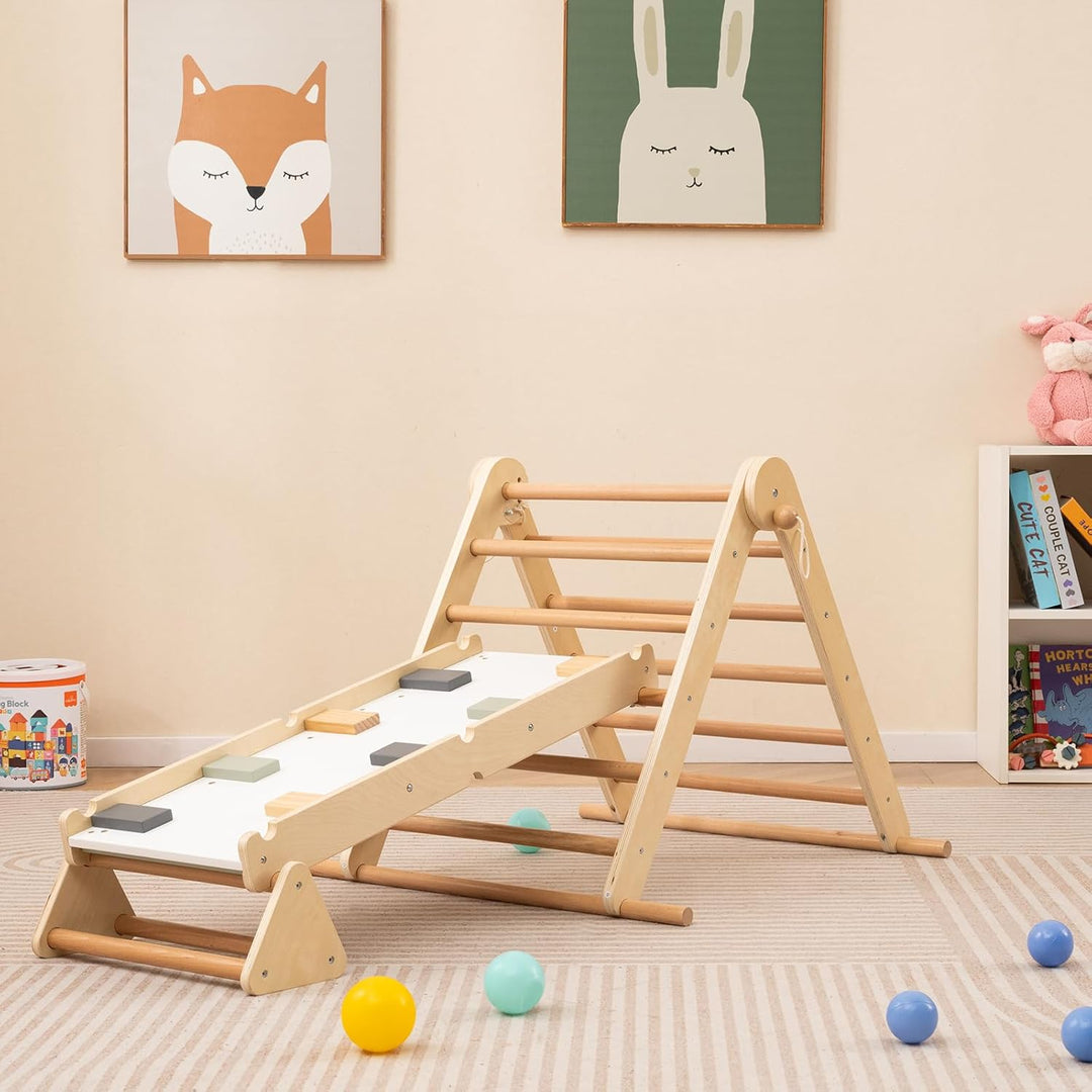 COSTWAY Klettergerüst Indoor, 3 in 1 Kletterdreieck & Kletterleiter & Wippe, Kletterdreieck klappbar