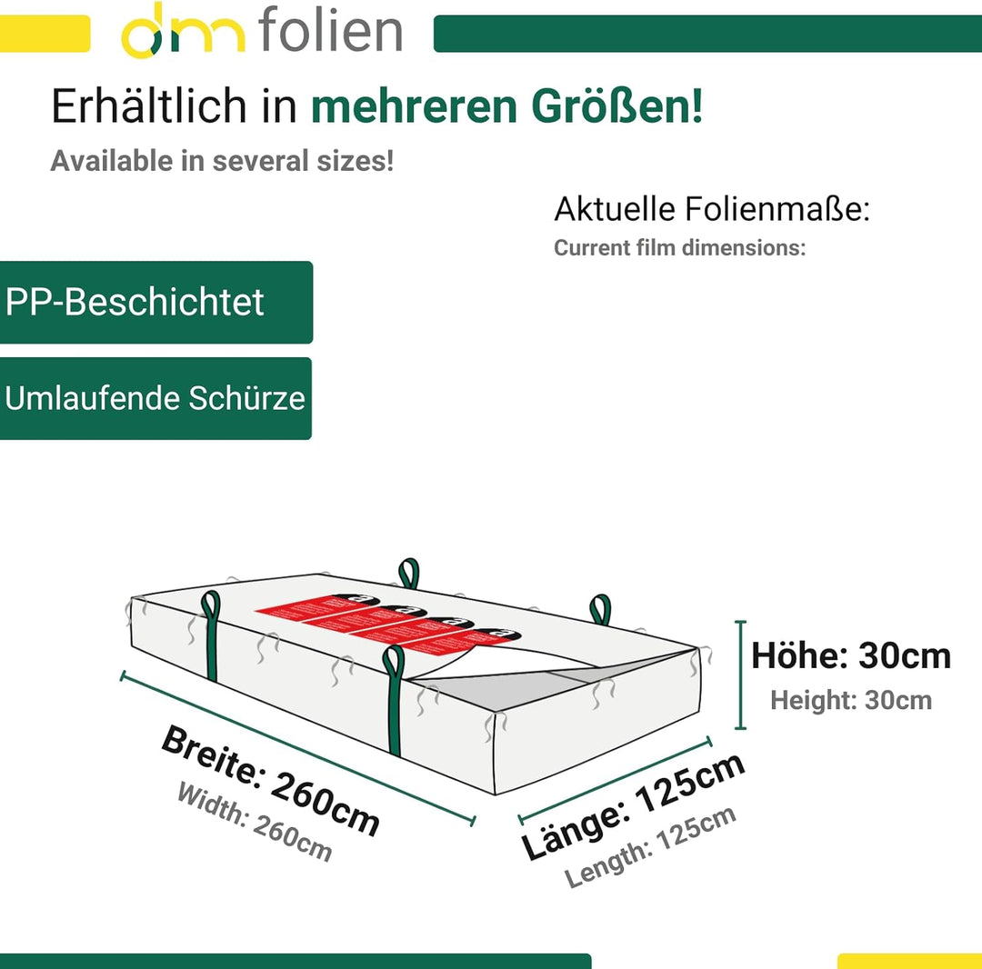 dm-folien Plattensack Asbest 260x125x30cm I 10 Stück I SWL 1.500 kg I Asbest Sack mit 4 Hebenschlauf
