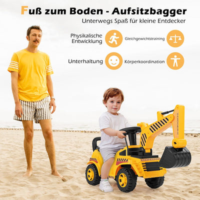 COSTWAY Sitzbagger, Kinderbagger mit Verstellbarer Schaufel & Stauraum unter Sitz, Aufsitzbagger mit