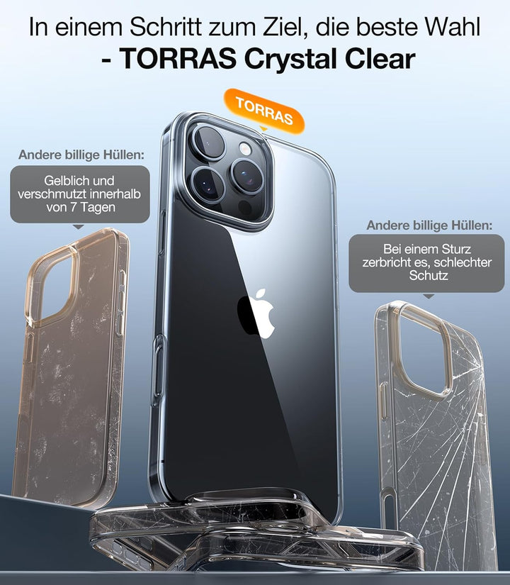 TORRAS Crystal Clear für iPhone 16 Pro Max Hülle 2026 Upgrade [Ultra Dünn & 100% Anti-Vergilbung] Kl