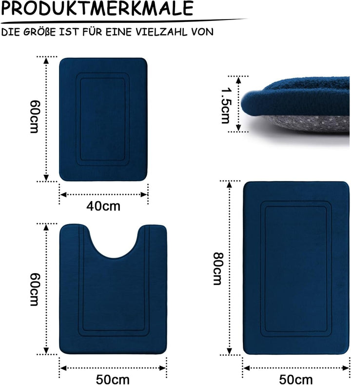 chakme Badezimmerteppich Set 3 Teilig, Weiche Memory-Schaum Badematte und U Förmige wc Vorleger, Bad