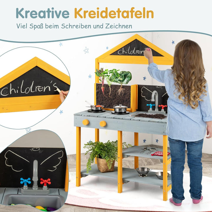 COSTWAY Matschküche Kinder Outdoor, Kinderküche Tannenholz mit Pflanzbehälter & 2 Kreidetafeln & Was
