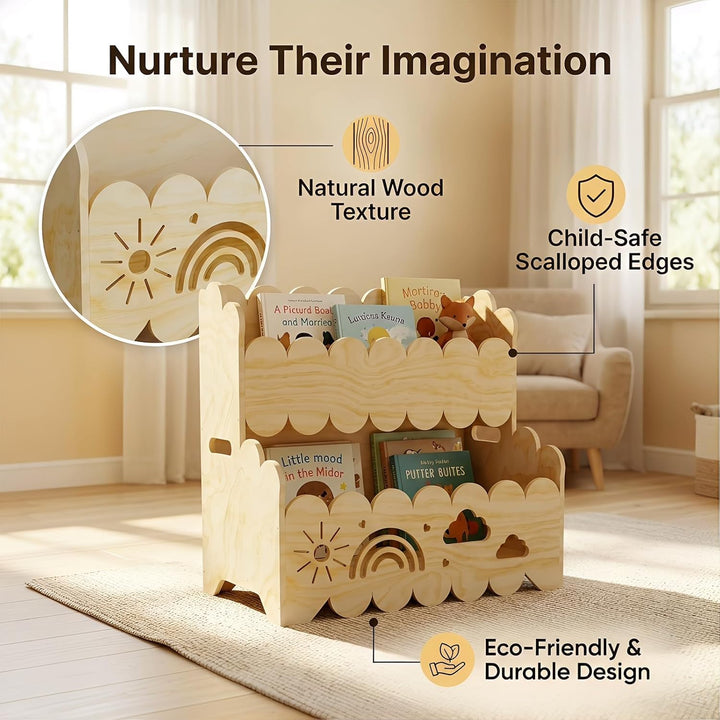 Kinder Bücherregal Holz, 2-Stöckiges Kinderbücherregal Montessori-Bücherregal Bücherkiste Kinder Wol