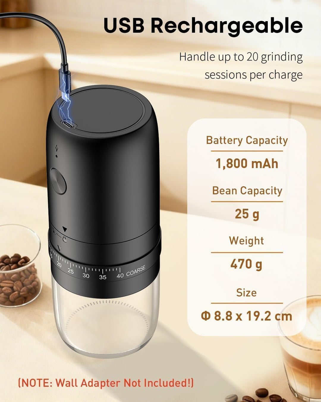 Pawfly Wiederaufladbare Kaffeemühle 40 stufig Keramikkegelmahlwerk mit Auto-Stop & Reinigungsbürste