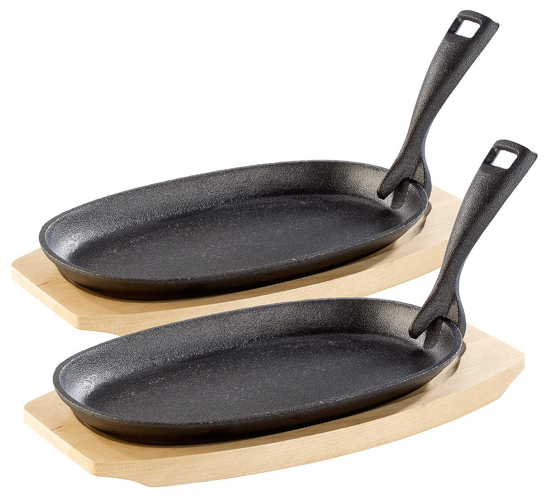 Tornwald-Schmiede Servierpfännchen: 2 Profi-Servierpfannen, Gusseisen, mit Untersetzer, 28x18x2 cm,