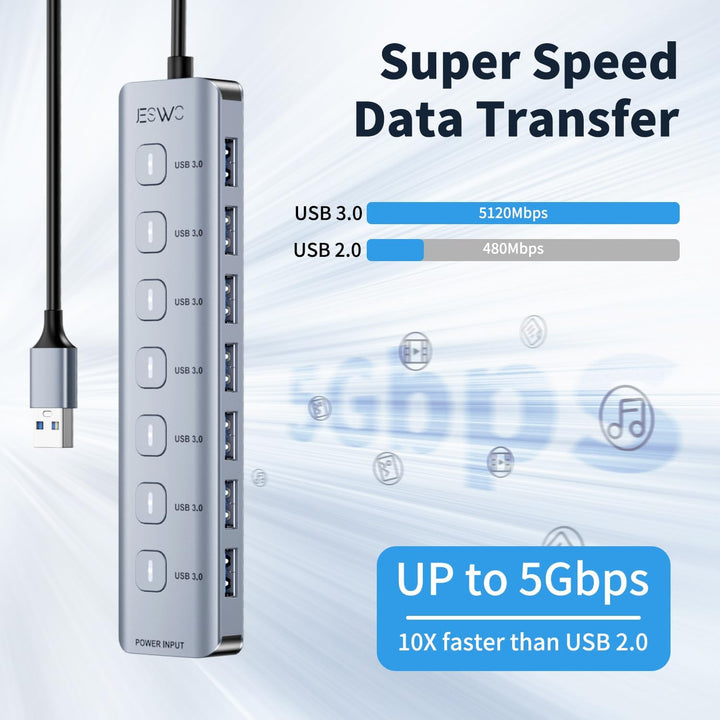 JESWO 7-Port USB 3.0 Hub mit individuellen Schaltern & LED-Anzeigen, Aluminium USB Verteiler 5Gbps,