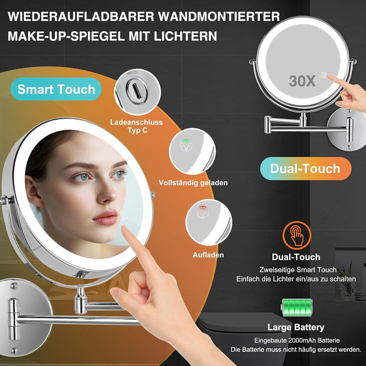 LED Kosmetikspiegel mit 30-facher Vergrösserung, Wandmontage, USB-Aufladung, Chrom Silber 30X, Silbe
