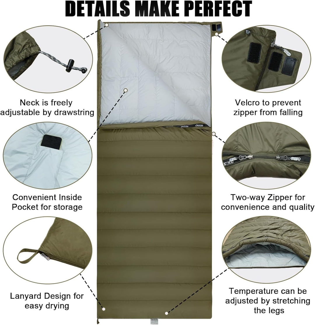 QEZER Daunenschlafsack Ultraleicht Deckenschlafsack kleines Packmass für Camping und Trekking 3~4 Ja