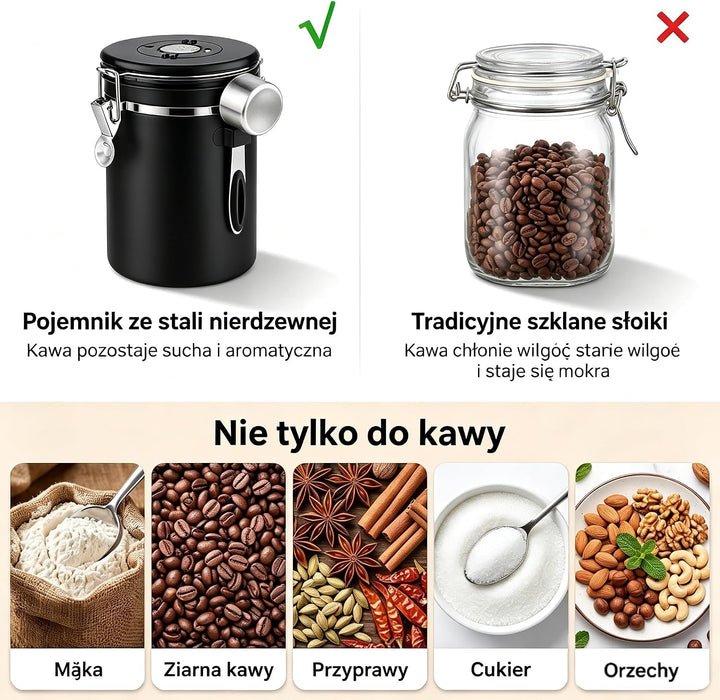 Edelstahl Kaffeedose 1,8L luftdicht, Kaffeebohnenbehälter mit Datumsanzeige (Schwarz), Schwarz