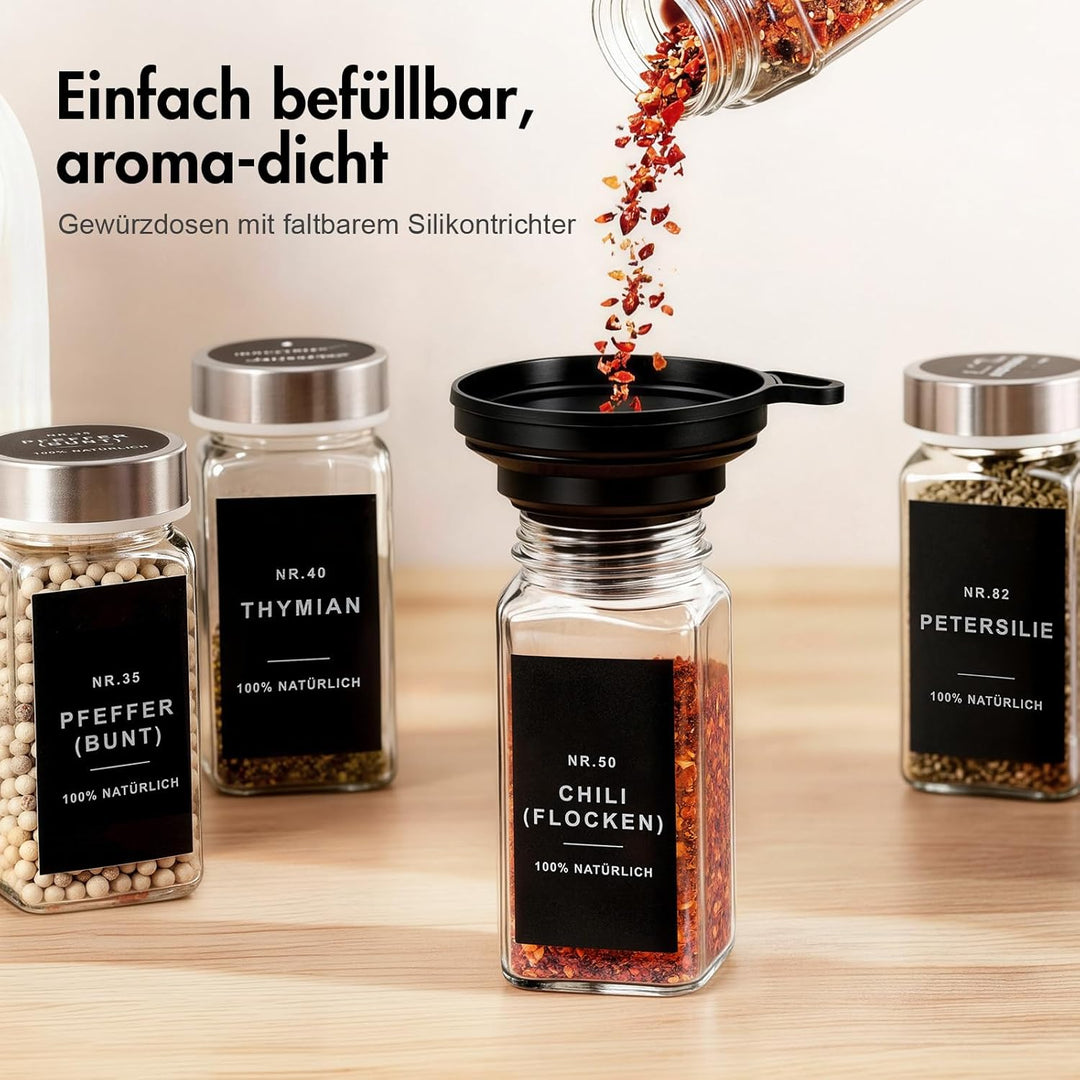 Gewürzgläser eckig mit Edelstahl Deckel Set 24er :120 ml Gewürzdosen Glas mit Etiketten & Streueinsa