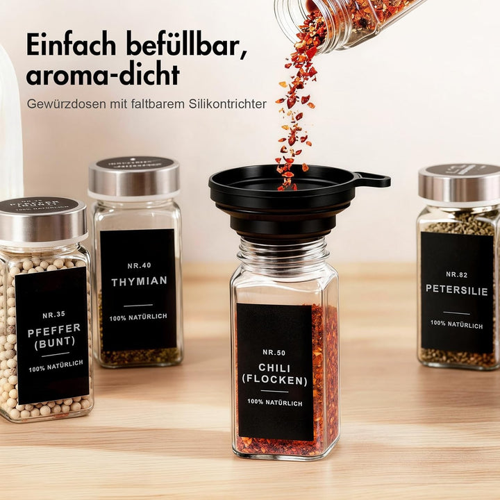 Gewürzgläser eckig mit Edelstahl Deckel Set 24er :120 ml Gewürzdosen Glas mit Etiketten & Streueinsa