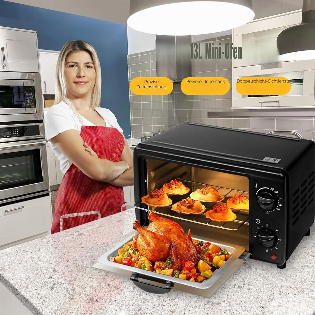 Elektrischer Tischofen, 13 l, Mini-Mikrowelle, 700 W, einstellbares Thermostat bis 250 °C und 60 Min