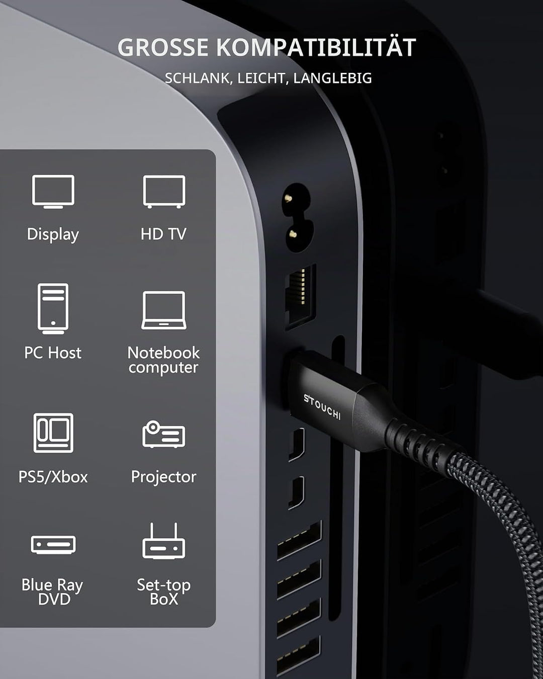 Stouchi 3m HDMI Kabel 8K,Ultra HD 48 Gbit/s Hochgeschwindigkeit 8K60hz 4K120hz 144Hz 165Hz RTX,DSC e