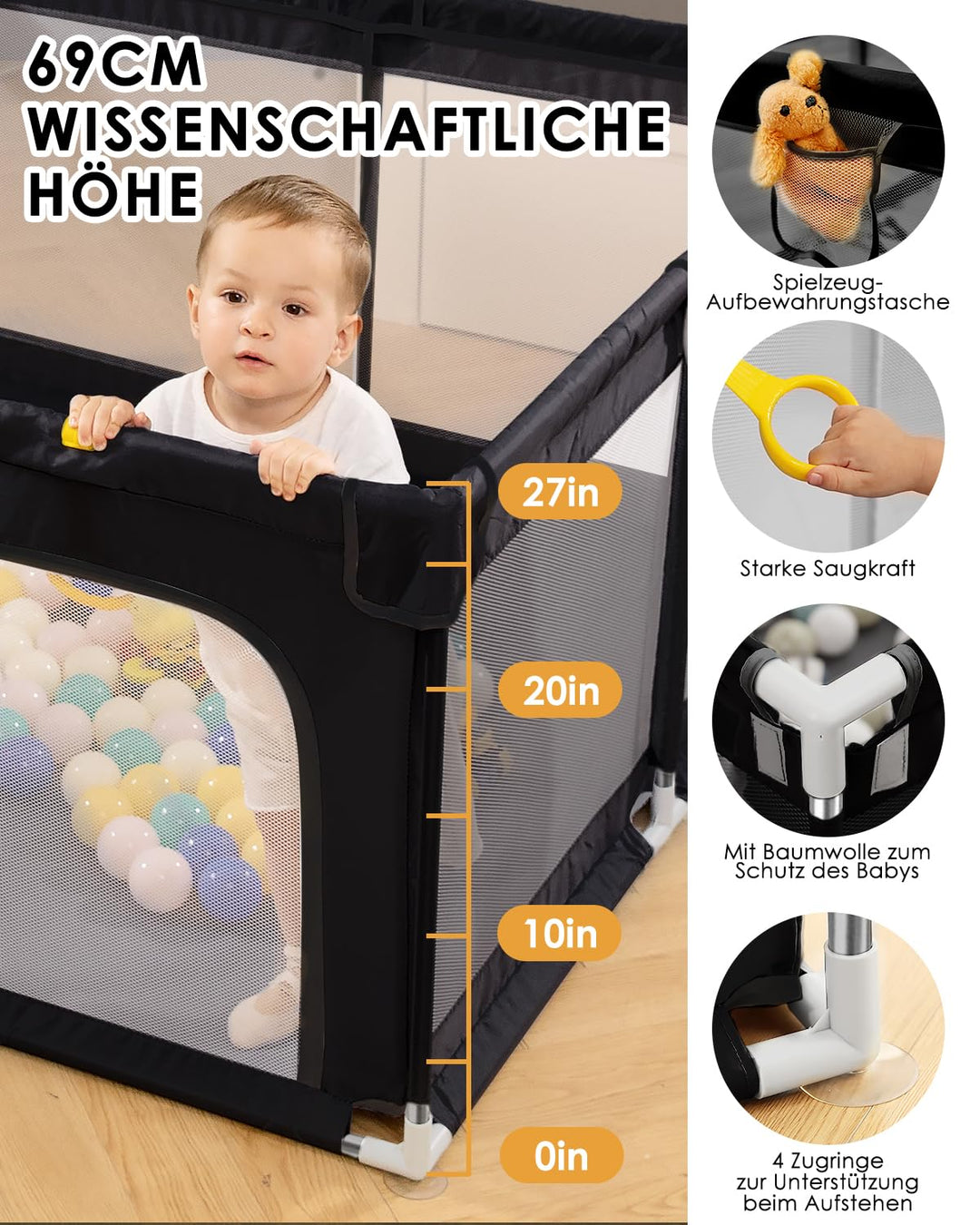 derimkcoa Laufstall Baby mit Spielmatte,Laufgitter Baby,Kinderzaun mit Atmungsaktivem Netz,Tragbarer