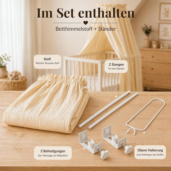 Betthimmel Babybett Set - Musselin Stoff mit montierter Himmelstange - Baldachin für Babybett zum An