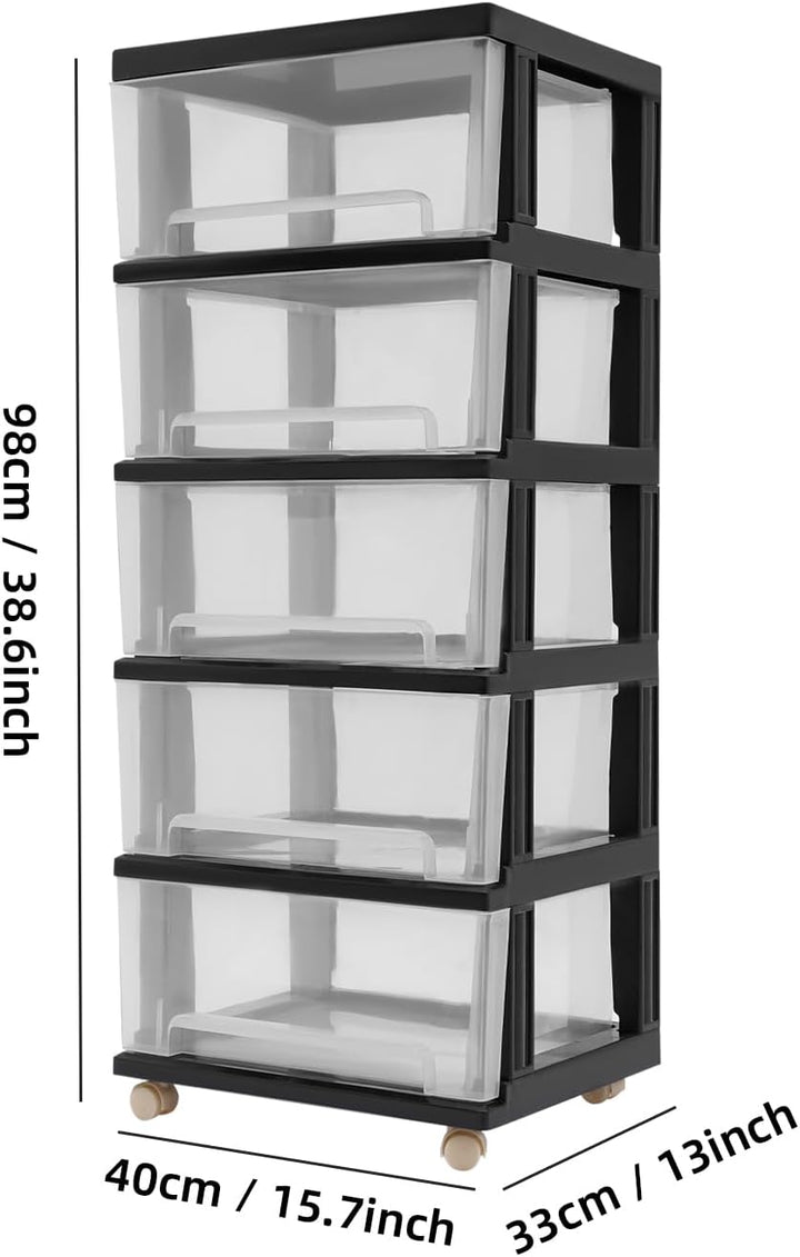 Kunststoff Schubladenbox, 5-stöckiges Kunststoff-Schubladenregal, Transparente Rollcontainer, Griffe