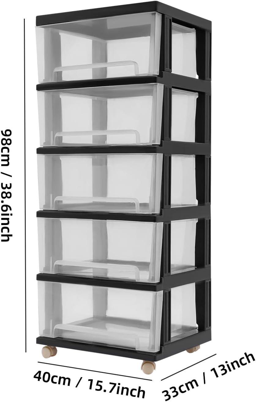 WooDerson 5-Schubladen Organizer Aus PP, Schwarz, Mit Rollen Und Rutschfestem Design, Grosser Aufbew