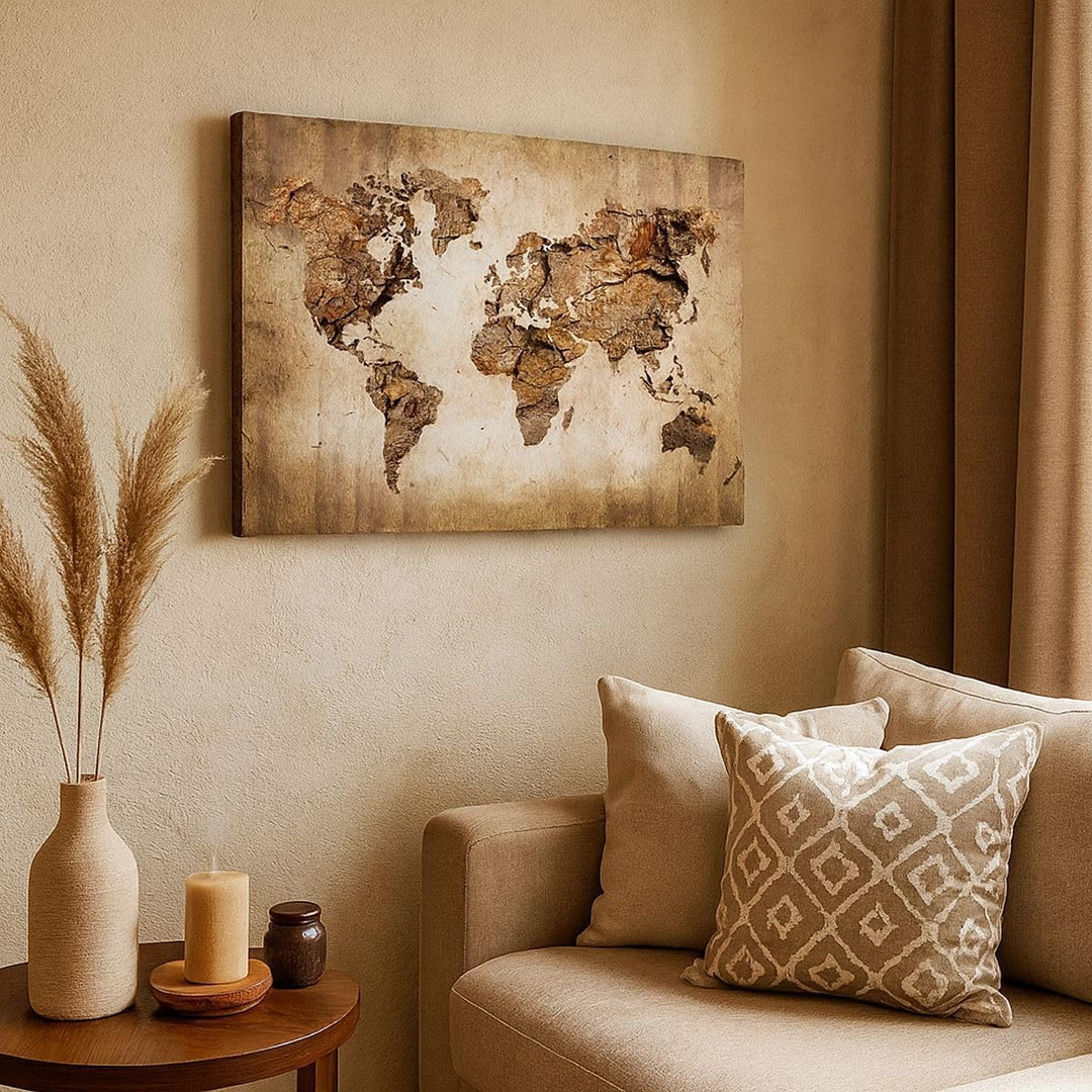 Bilder auf Leinwand 100x70cm Leinwandbild mit Rahmen Karte Welt modern Gross Wanddeko Bild Schlafzim