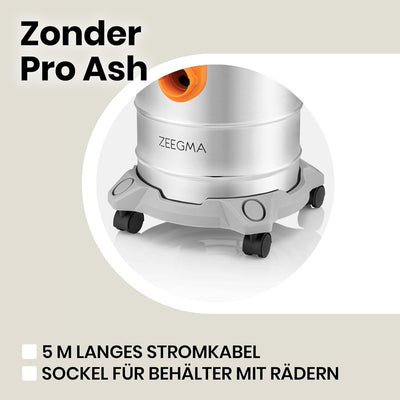 Zeegma ZONDER PRO ASH Trockensauger für Asche und Schutt, Industriestaubsauger 1600W, Edelstahlbehäl