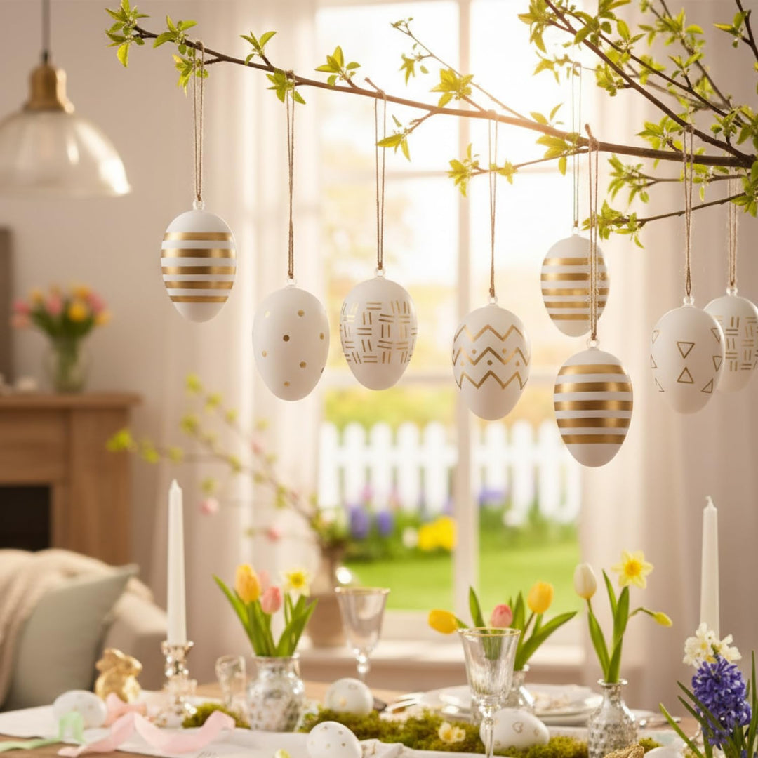 com-four® 18x Ostereier zum Aufhängen - Ostereier mit Muster weiss/goldfarben - Hängedeko aus Kunsts