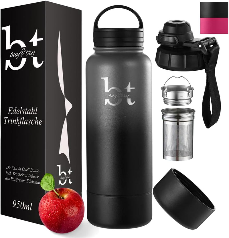 Trinkflasche mit Früchtebehälter, Thermosflasche 1 Liter (950ml) Isolierflasche aus Edelstahl, Therm